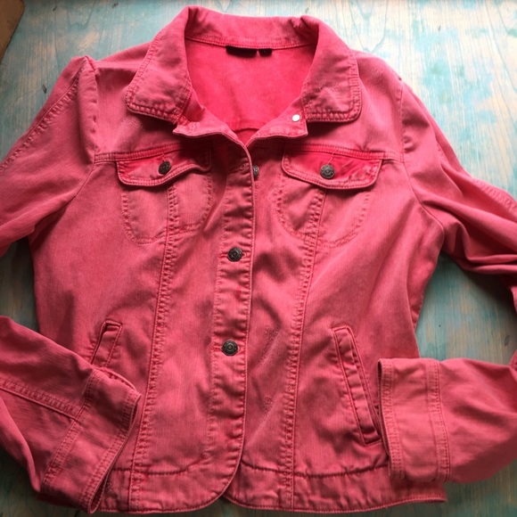 red distressed denim jacket